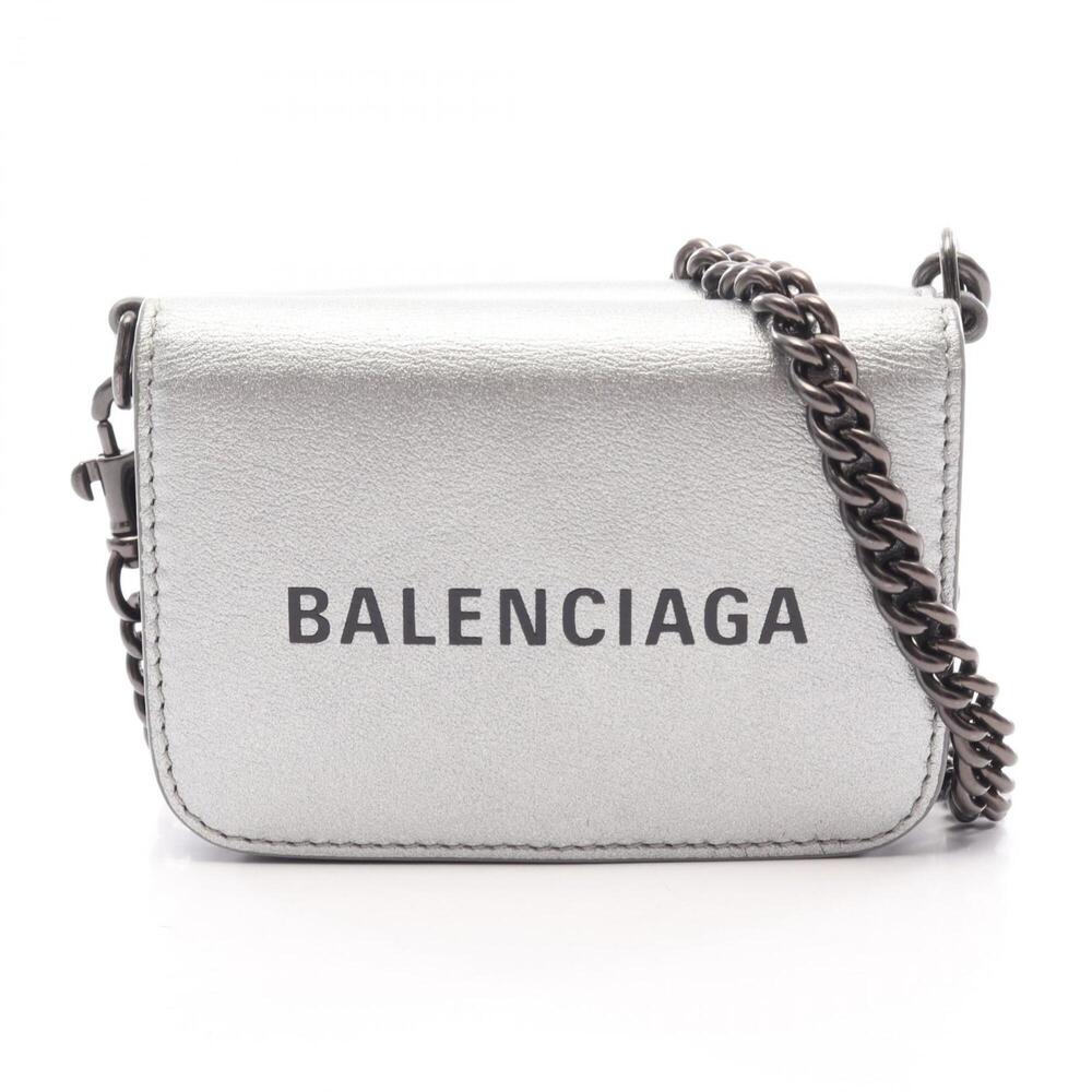 Balenciaga Cash Mini Wallet Chain Grained Leather Tri-fold Women's Silver Ton...